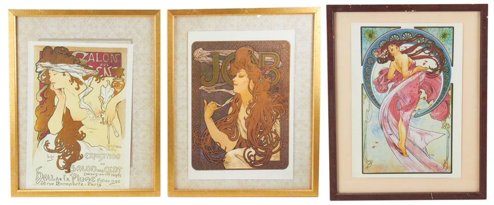 Contemporary Off-set Lithographs of Alphonse Mucha Prints: Three contemporary off-set lithographs of Alphonse Mucha prints, frames 21" x 17". Provenance: Winchester, Massachusetts collection.
