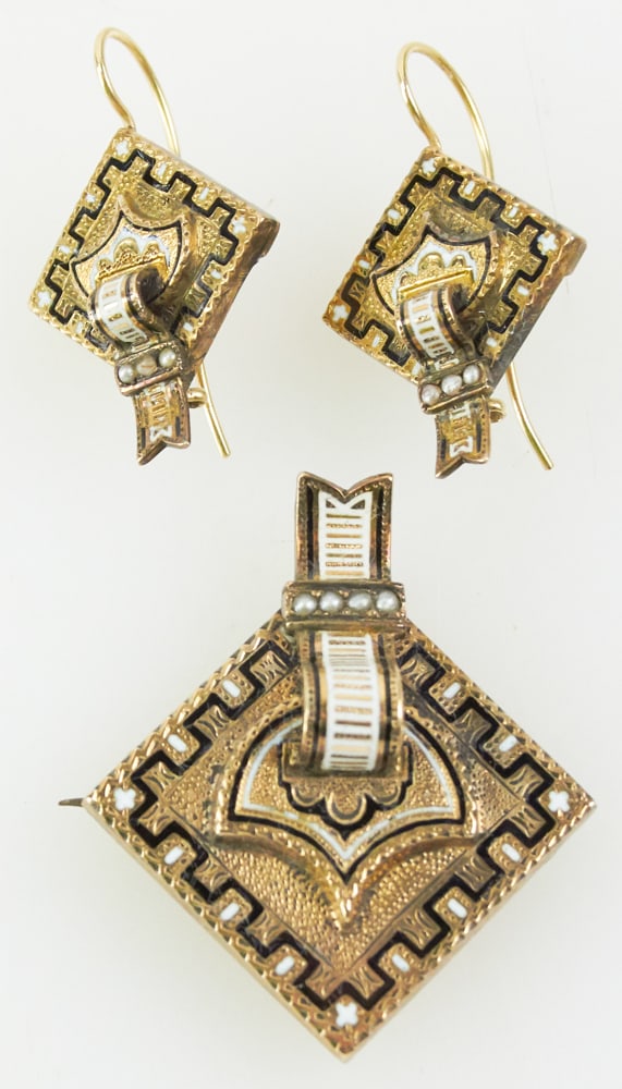 14k Gold and Enamel 3-pc Suite, Brooch and Earrings (1 of 8)