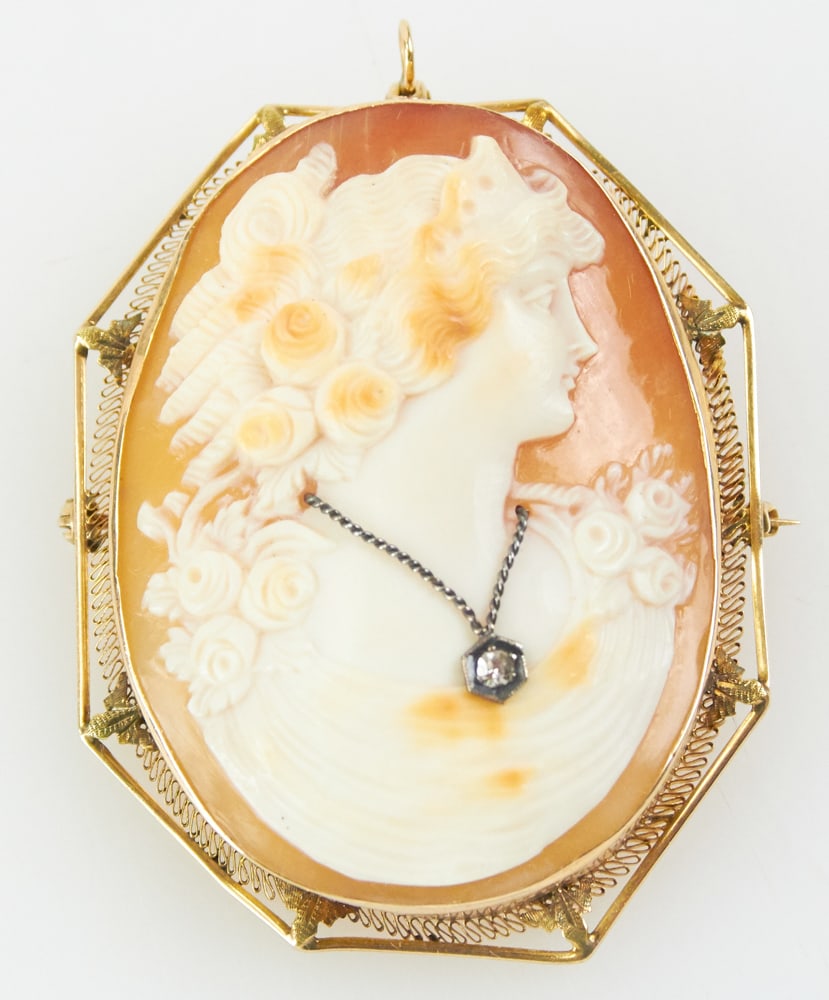 14k Yellow Gold Shell Cameo and Diamond Brooch/Pendant (1 of 8)