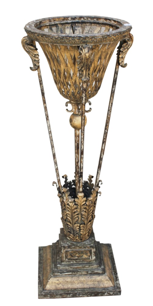 Wrought Iron Flower Urn: Wrought iron flower urn, 45" x 17". Provenance: Cohasset, Massachusetts collection.