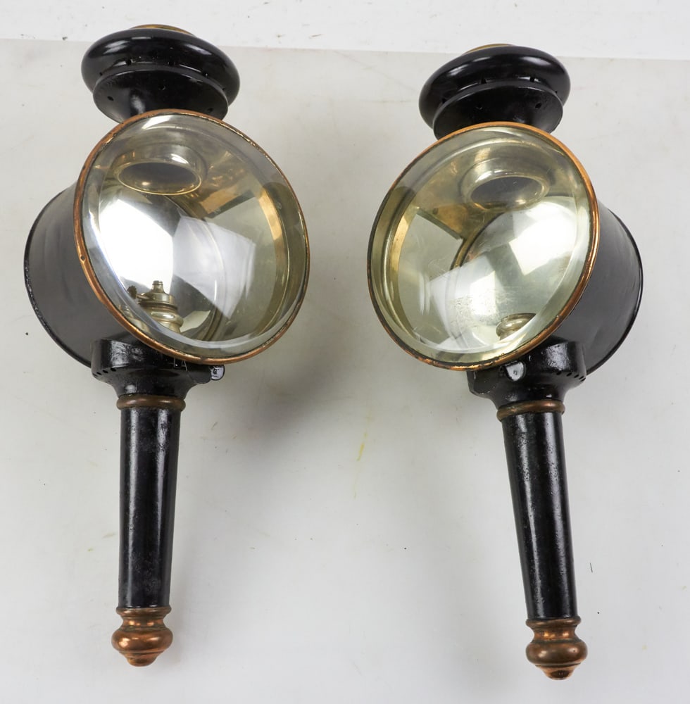Late 19thC Carriage Lamps with Beveled Glass: Pair of late 19th century carriage lamps with beveled glass, 16" x 7". Provenance: Billerica, Massachusetts collection.