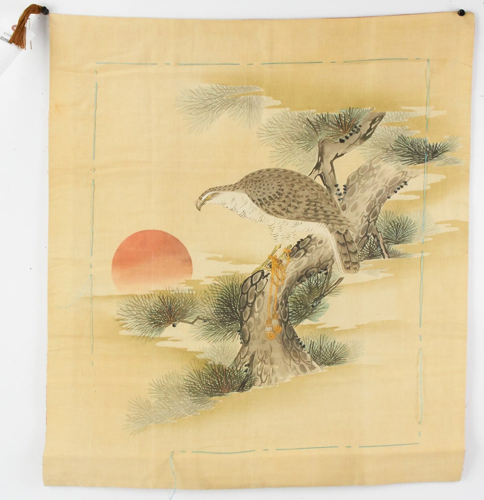 Vintage Japanese Printed Falcon on Pine Bough: Vintage Japanese printed falcon on pine bough, facing rising sun, with gold metallic highlights, very good condition, but with only one tassel. Provenance: Beverly, Massachusetts collection.