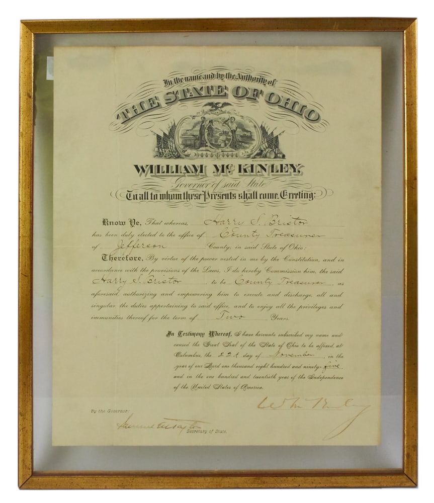 William McKinley Autograph as Governor of Ohio: William McKinley autograph as Governor of Ohio, signed L/R, 20" x 17". Provenance: Melrose, Massachusetts, collection.