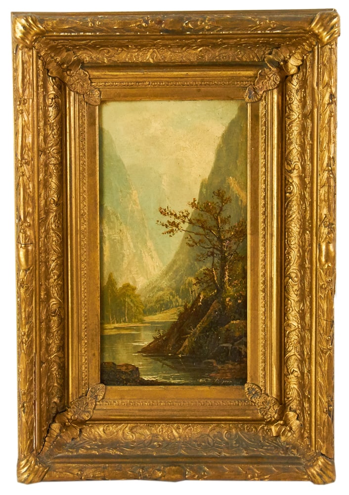 Heinrich Guyer, Lake Thun, Switzerland, Oil on Board: Heinrich Guyer (1810-1875), "Lake Thun, Switzerland", oil on board, 12" x 7", in gold frame 19" x 13". Provenance: Wellesley, Massachusetts collection.