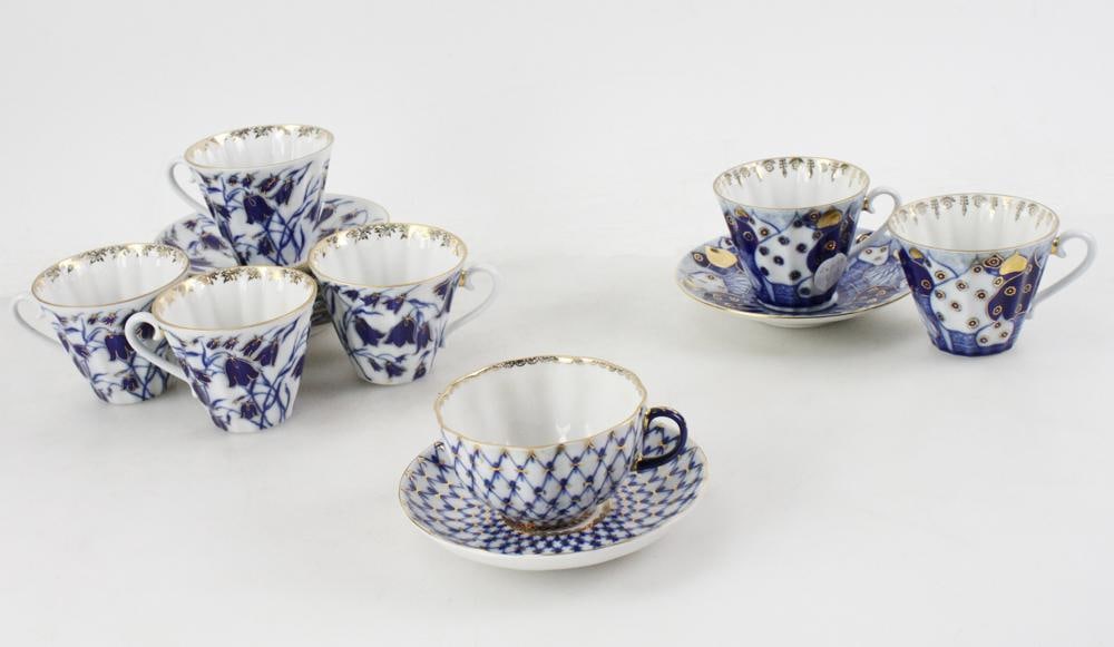 Lomonosov Russia Porcelain Tea Cups and Saucers: Lomonosov hand-decorated St. Petersburg, Russia porcelain tea cups and saucers, Bluebells, Russian Domes, Cobalt Net.