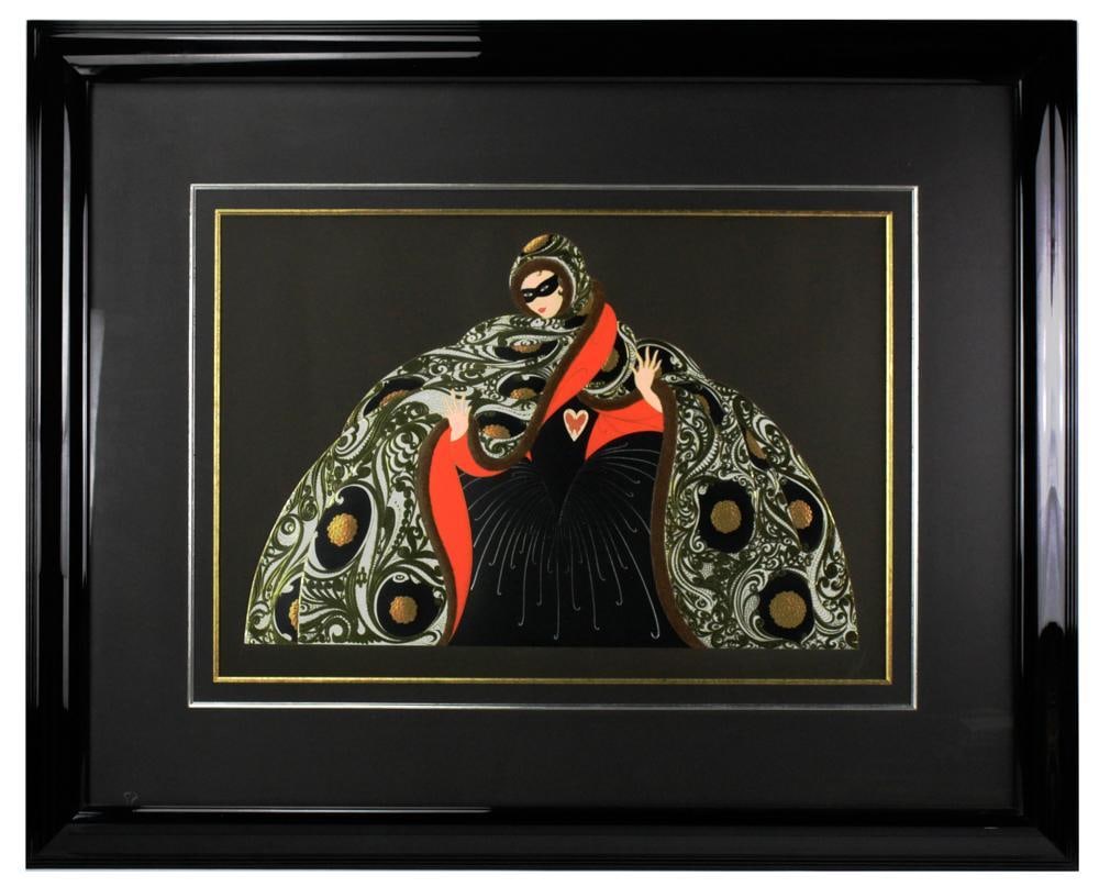Erte, "Masquerade", Graphic Edition Serigraph: Erte, "Masquerade", graphic edition embossed serigraph, 1987, 198/300, 23" x 32", in custom black lacquered frame 42" x 51". Provenance: West Palm Beach, Florida estate.
