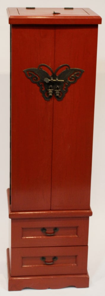 Chinese Red Lacquered Jewelry Cabinet: Chinese red lacquered jewelry cabinet, 53" H x 12" x 16". Provenance: Wellesley, Massachusetts collection.