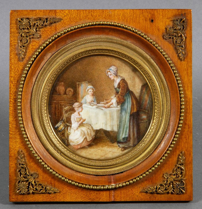 Miniature Painting on Ivory: Miniature painting on ivory of an interior scene, flat glass in ormolu mounted frame, signed lower left, 3 1/4".