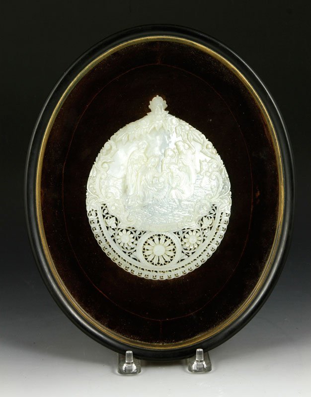 Late 19th C. Mother of Pearl Manger Scene: "Bethlehem" manger scene, carved mother-of-pearl, circa 1870s, in period shadow box with velvet background, 6"h x 4 5/8"w (carving), 10 3/4"h x 8 5/8"w x 1 1/2"d (shadowbox).