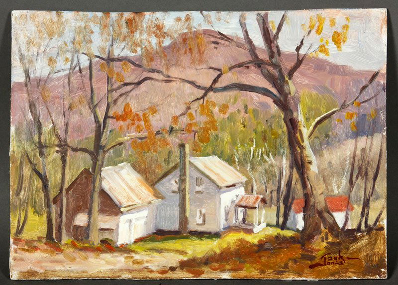 5 Vermont Scenes by Jones: Lot of five pieces of Jack Jones artwork depicting Vermont, all unframed, to include: Lake Pleasant, VT, oil on artist board, 16"h x 20"w; Fairfax, VT, oil on artist board, signed lower right, 16"h x