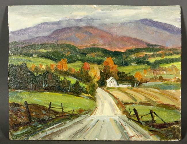 5 Vermont Scenes by Jones: Lot of five pieces of Jack Jones artwork depicting Vermont, all unframed, to include: Vermont farm, oil on artist board, signed lower left, 16"h x 20"w; Mt. Mansfield, oil on artist board, signed lowe