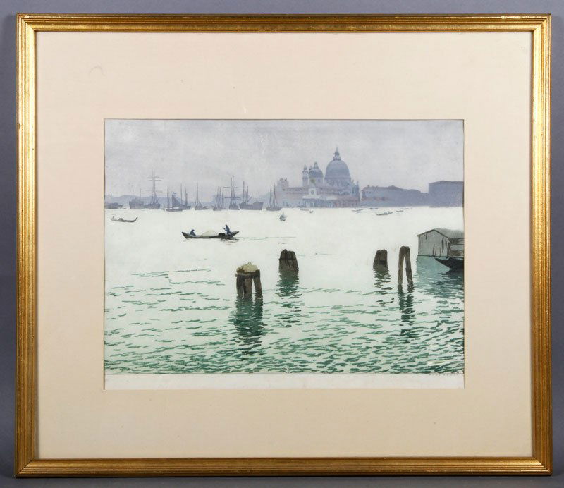 Frank, Venice, Woodblock Print: Hans Frank, Venice, woodblock print, guild of Boston artist on verso, 11"h x 15"w.