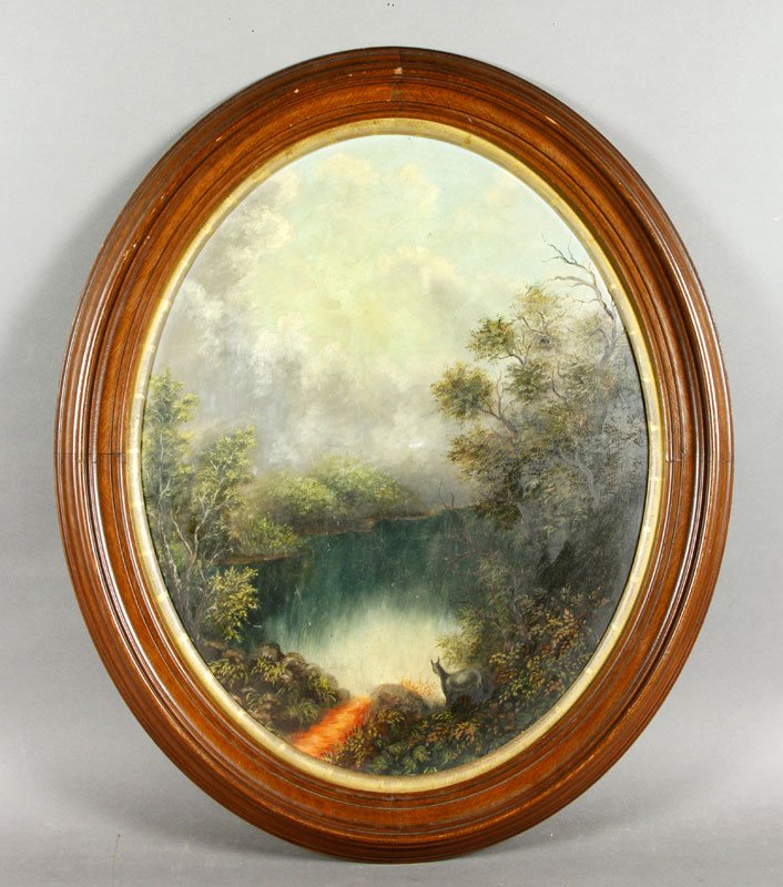 Hudson River School, O/B: Hudson River School, oil on board, 19"h x 15"w (oval).
