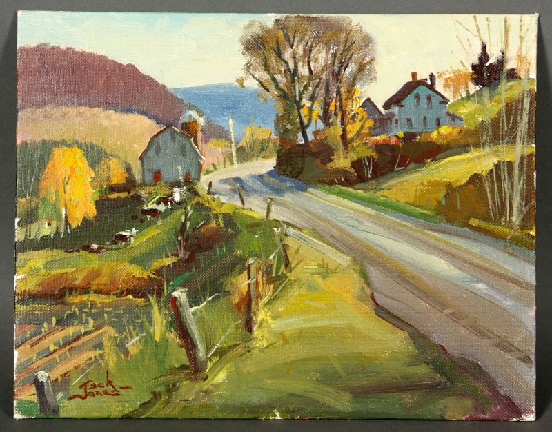 5 Vermont Scenes by Jones: Lot of five pieces of Jack Jones artwork depicting Vermont, all unframed, to include: Cambridge VT, Lower Valley Road, oil on artist board, signed lower left, 11"h x 14"w; covered bridge, Belvedere VT