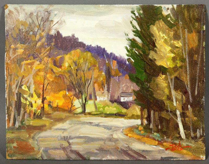 5 Vermont Scenes by Jones: Lot of five pieces of Jack Jones artwork depicting Vermont, all unframed, to include: Fall Roadside scene, oil on masonite, signed lower left, 11"h x 14"w; Houses by a Road in Fall, oil on masonite, s