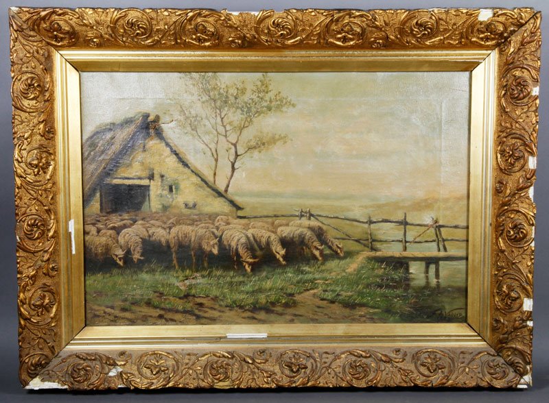 De Vadder, Farm Scene, O/C: Franz De Vadder (Belgian, 1862-1936), farm scene with sheep, oil on canvas, signed and dated lower right, 16"h x 24"w (view). Three tears to canvas.