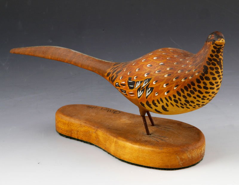 Gilley Carved Pheasant: Wendell Gilley, Maine, carved miniature pheasant.