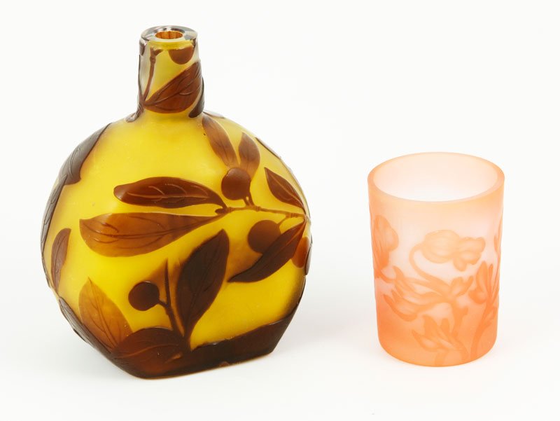 Galle Vase and Toothpick Holder: Signed Galle vase, brown and yellow, 3 1/4"h; and signed C. Vessiere Nancy, tooth pick holder, 1 3/4", both with cameo cut decoration.