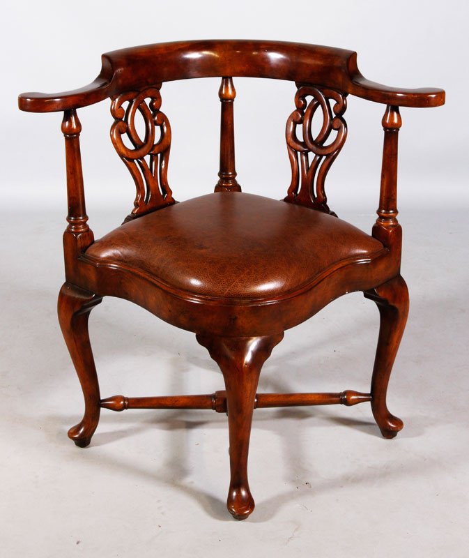 Theodore Alexander Reproduction Corner Armchair: Theodore Alexander, North Carolina, contemporary reproduction corner armchair, fine quality with antiqued leather seat, 31"h x 32"w x 24 1/2"d.