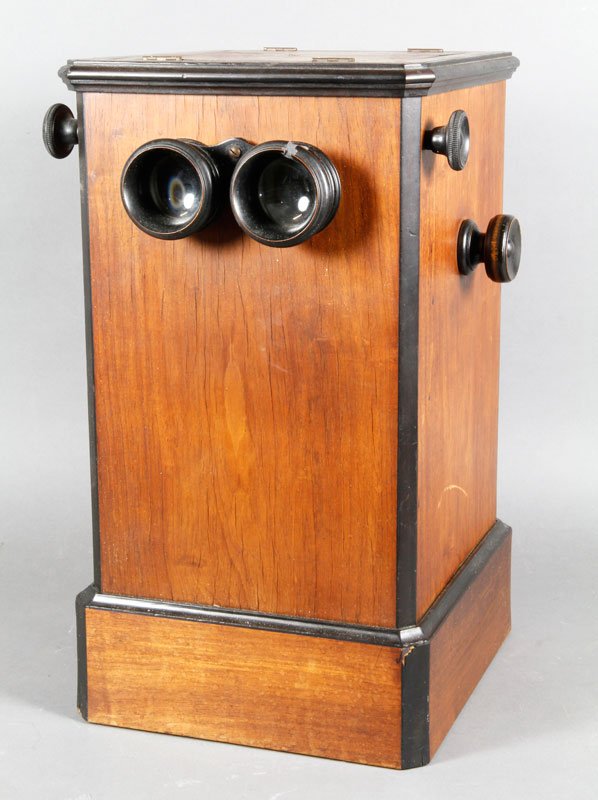 Stereo View: Stereo view with self-contained table top unit, probably French, 18"h x 10"w x 10"d.