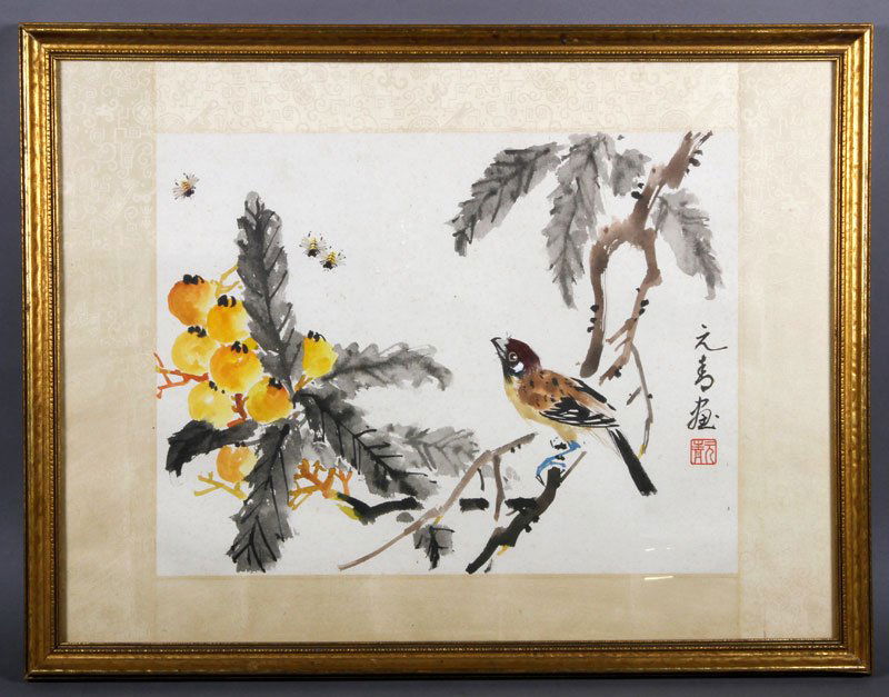 20th C. Chinese W/C of a Sparrow: 20th century, Chinese, sparrow and bees, watercolor, original painting with silk border, 12 1/2"h x 16"w.