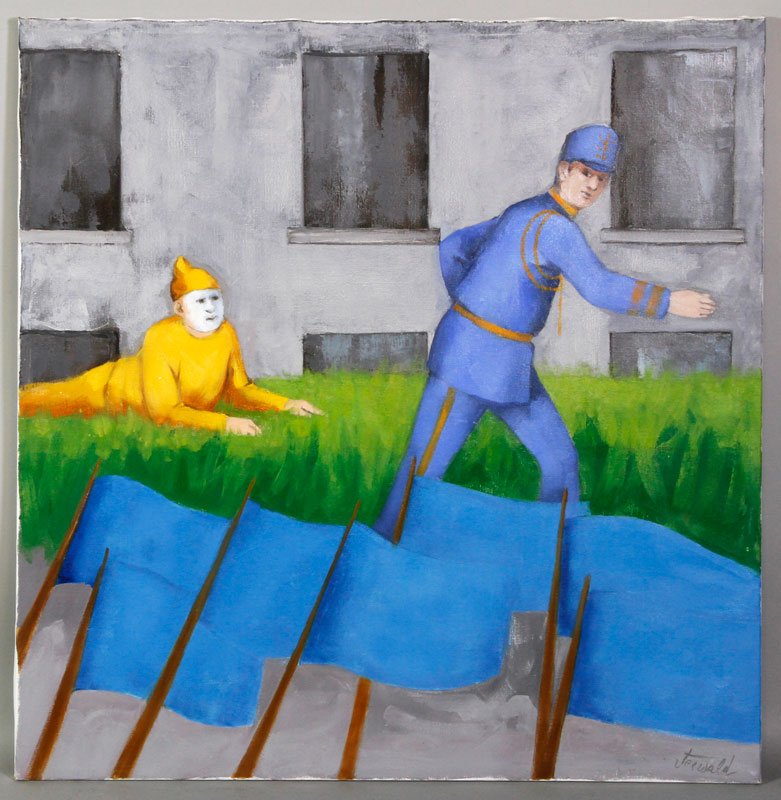 Jeswald, "Leading the parade away", O/C: Joseph Jeswald (American, 1927-2009), "Leading the parade away", man and a clown, oil on canvas, signed lower right, 42" x 40" (unframed).