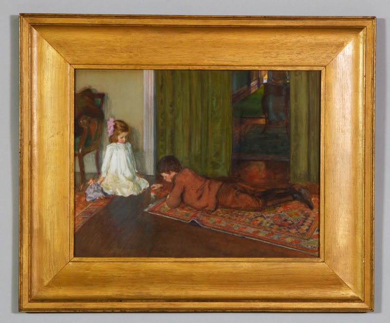 Rosenmeyer, Portrait, Gouache: Bernard Jacob Rosenmeyer, portrait of artist's daughter and son, gouache on paper, circa 1900, 13 3/4"h x 18"w (view), 21 5/8"h x 26"W (frame). Purchased directly from the daughter.