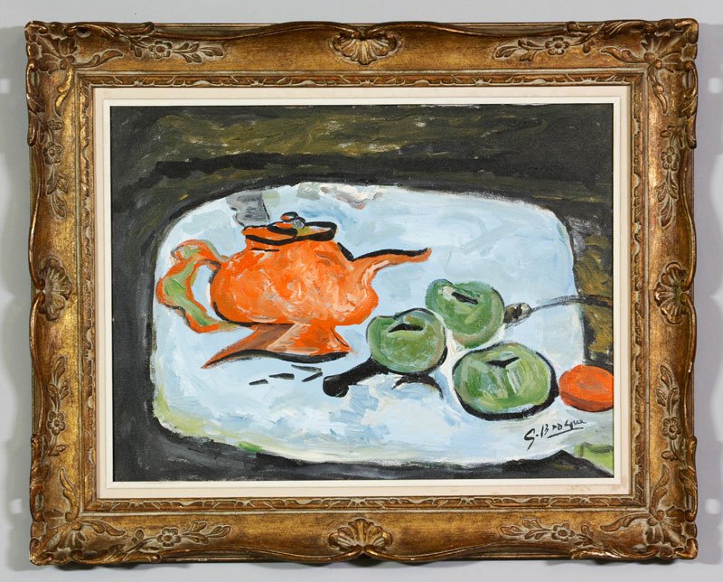 Manner of Braque, Still Life, O/C: In the manner of George Braque, still life of red teapot with apples, oil on canvas, signed lower right, 18"h x 24"w (view), 25"h x 31"w (frame).