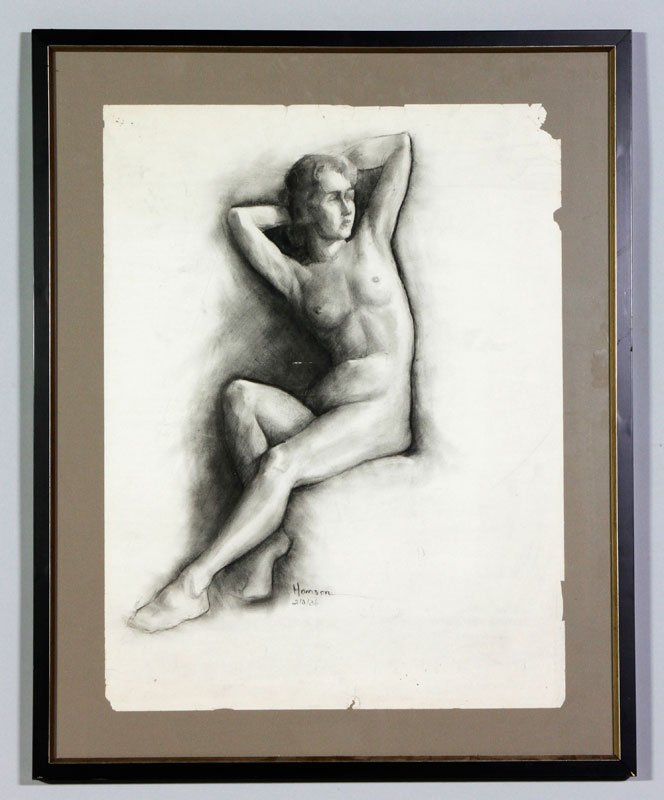 Hanson, Woman, Charcoal Drawing: Hanson, woman, charcoal drawing, signed lower right, dated 2/3/36, 25"h x 19"w (view), 30 1/2"h x 24 1/2"w (frame).