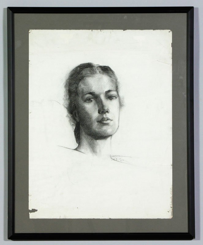 Hanson, Woman, Charcoal Drawing: Hanson, woman, charcoal drawing, signed lower right, dated 2/3/36, 25"h x 19"w (view), 30 1/2"h x 24 1/2"w (frame).