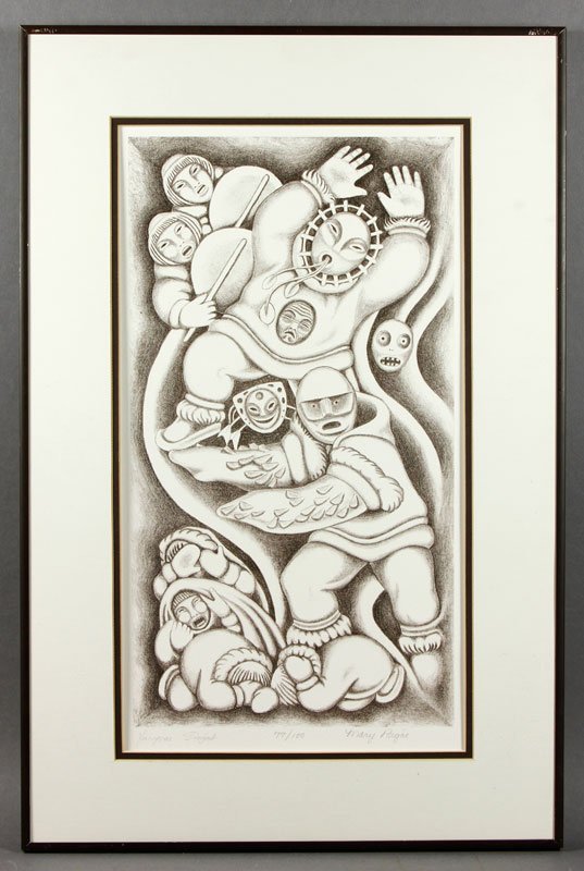 2 Regat Limited Edition Prints: Two Jacques & Mary Regat, Inuit theme, limited edition prints, both 77/100, both signed in pencil and numbered below the images, framed under glass, 18"h x 9 3/4"w (view), 25 1/4"h x 16 1/2"w (frame) 