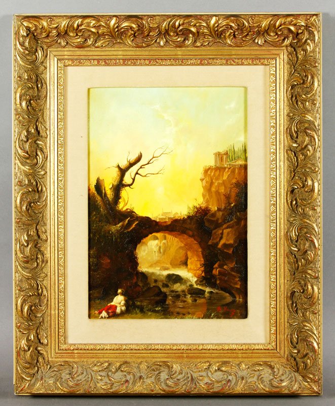 Continental School O/C: Continental School, oil on canvas, signed lower right indistinctly, 13"h x 9"w (view), 21"h x 17"w (frame).