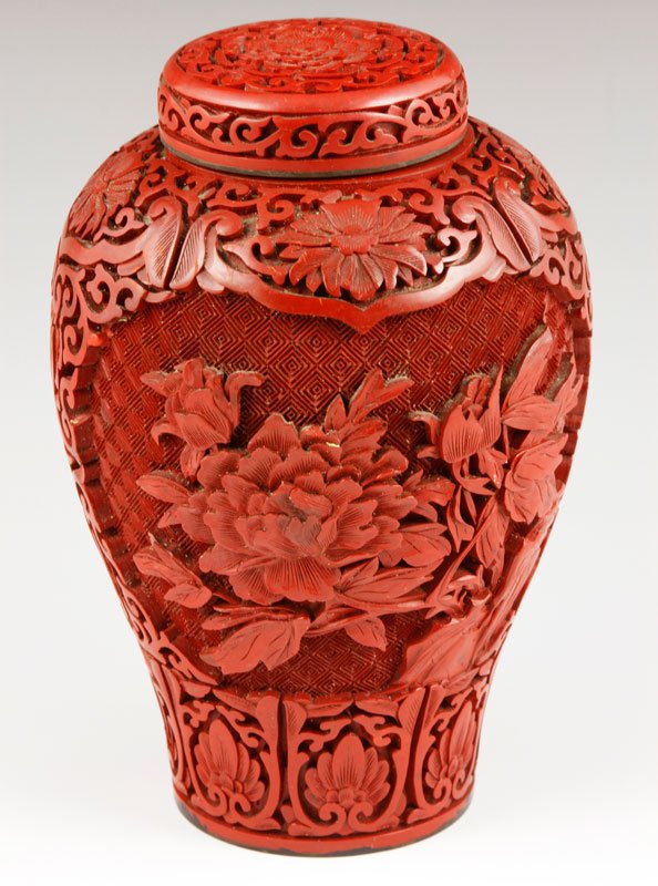Chinese Cinnabar Covered Jar: Chinese cinnabar covered tea jar, Republic period, 6 1/2" x 4 1/4".
