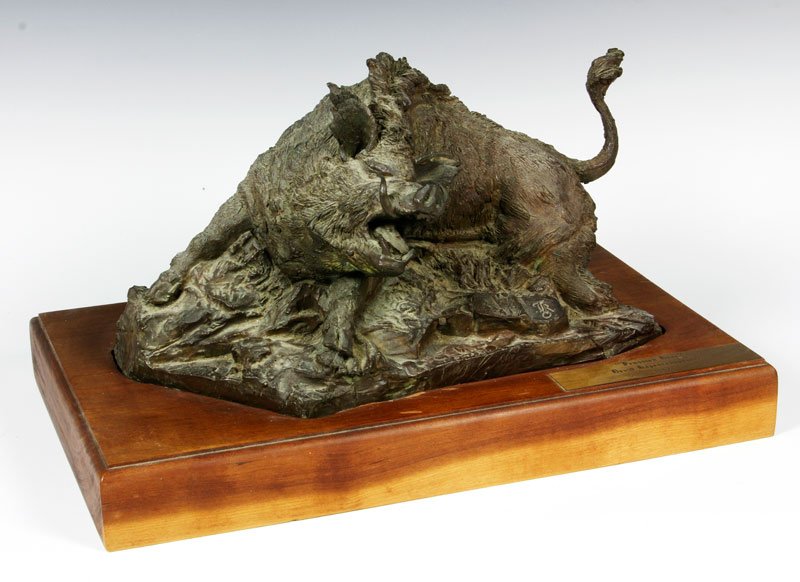 Kapetanopoulos, "Prussian Boar", Bronze: David Kapetanopoulos, "Prussian Boar", bronze sculpture on wood base, dated 1987, 8"h x 13"w x 8"d (bronze), 10"h x 16"w x 10"d (base).