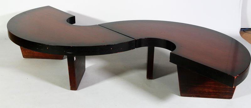 Pair of Probber Mid C. Tables: Pair of Harvey Probber, mid 20th century, semi-circular, modernist tables, 14 1/4"h x 47 3/4"w x 24"d. Scratches to top and base, some veneer damage.