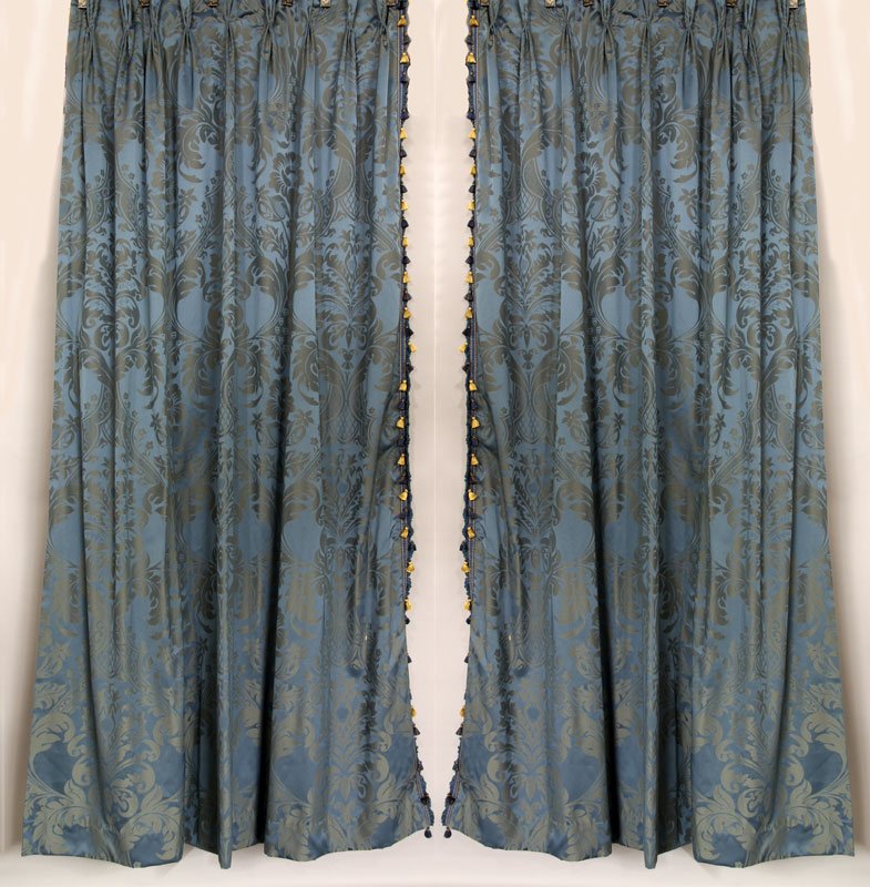 5 Panels of Blue Damask Fortuny Style Drapes: Five panels of blue damask Fortuny style pattern drapes, 100"l x 77"w.