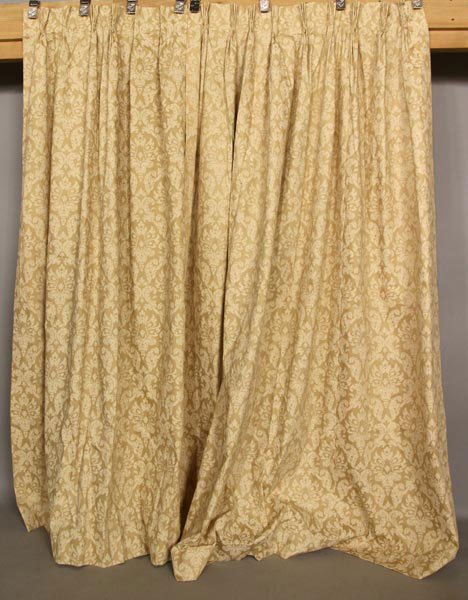 7 Panels of Cream Damask Drapes: Seven single panels of cream damask drapes, 77 1/2"h x 74"w. One with ink stains.