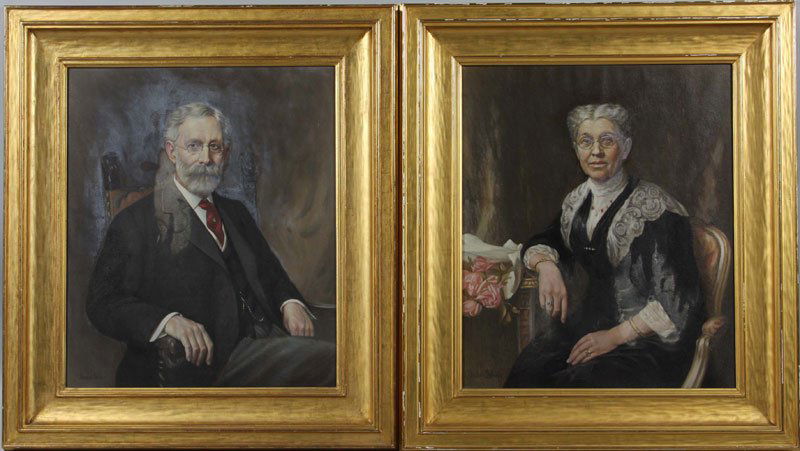 Pair of Portraits: Pair of portraits in original period hand carved Boston frames, signed Daniel Strain (1847-1925), 30" x 34". Some chips to frames.
