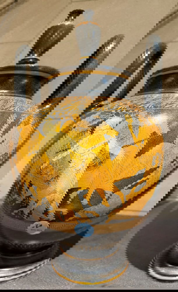 GREEK REVIVAL VASE, KRATER SHAPE: GREEK REVIVAL VASE, Krater shape, Attic painter-style, Marked Exact copy made in Greece 18" x 9"