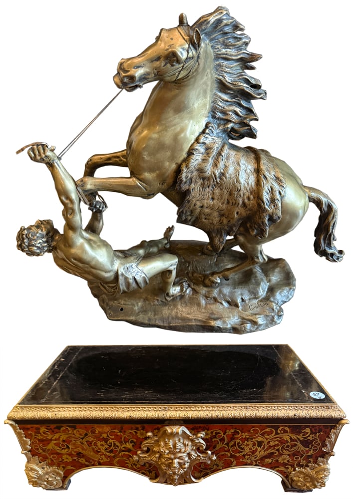BRASSED METAL FIGURE GROUP, HORSE TRAINER OF MARLY: A BRASSED METAL FIGURE GROUP DEPICTING A HORSE TRAINER OF MARLY The rearing horse wearing a fur pelt and straining from a classical nude male Height: 23 inches Marked Coustou, Christie?s Appraisal 200