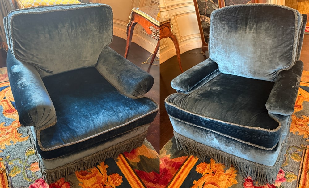 PAIR OF CONTEMPORARY BLUE VELVET UPHOLSTERED CLUB CHAIRS: A PAIR OF CONTEMPORARY BLUE VELVET UPHOLSTERED CLUB CHAIRS Each with heavy passementerie trim. 38" H x 35" W x 37" D. Wear and some stains on arms. (2) Christie's Appraisal 2005 - $1,000