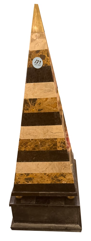 STONE SAMPLE OBELISK WITH METAL AND CRYSTAL: STONE SAMPLE OBELISK - layers of different stone, metal and crystal. 27" x 10" x 10"
