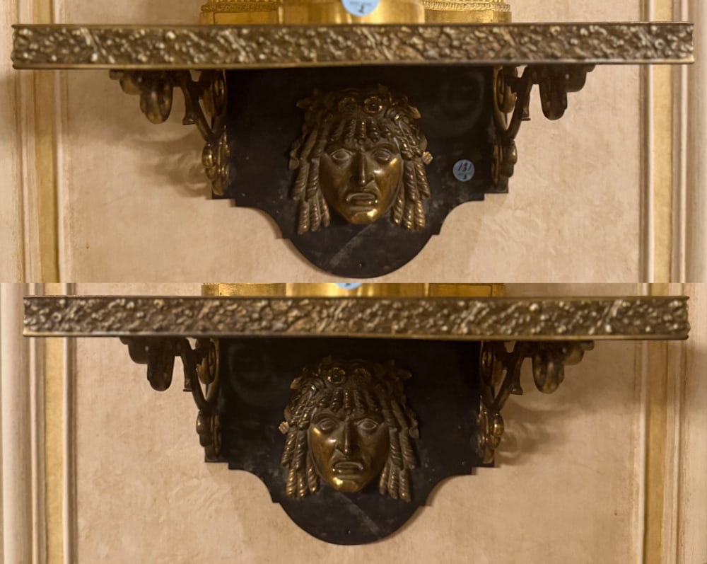 PAIR OF NEOCLASSICAL STYLE BRASSED AND PATINATED-BRONZE BRACKETS: A PAIR OF NEOCLASSICAL STYLE BRASSED AND PATINATED-BRONZE BRACKETS Each with rectangular rest supported by a cartouche-form backplate with a Classical mask and scrolling supports (part located in the