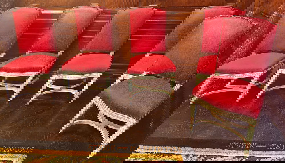 SET OF FIVE LOUIS XVI STYLE PAINTED AND DECORATED SIDE CHAIRS (1 of 2)