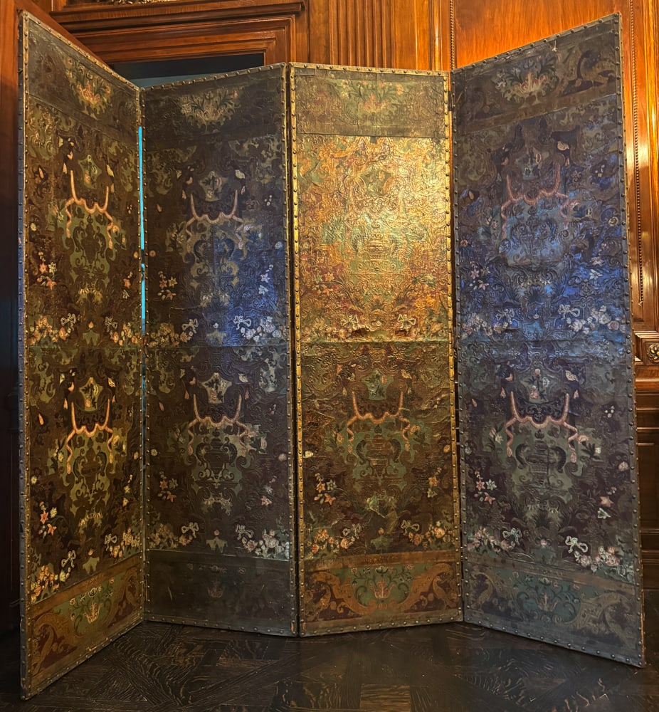 SPANISH POLYCHROME-DECORATED TOOLED-LEATHER FOUR-PANEL SCREEN (1 of 10)
