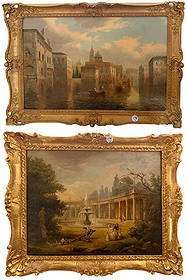 PAIR OF VENETIAN AND CLASSICAL VIEWS, OIL ON CANVAS: A PAIR OF VENETIAN AND CLASSICAL VIEWS OIL ON CANVAS - in ornate gilt frames 20th Century, signed with initials, 16" x 24", framed 20" x 28". Good condition.