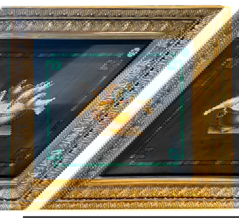 ROMAN MICROMOSAIC PANEL DEPICTING PLINDY'S DOVES: A ROMAN MICROMOSAIC PANEL DEPICTING PLINDY'S DOVES, FRAMED Set within a black marble slab with malachite border The panel: 18 3/4 x 14 1/2 inches framed 21 x 25 inches Christie's Appraisal 2005 - $15,