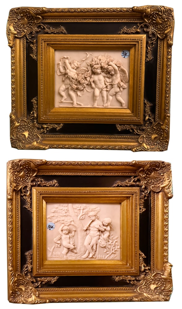 TWO FRAMED ALABASTER PLAQUES WITH PUTTI (1 of 4)