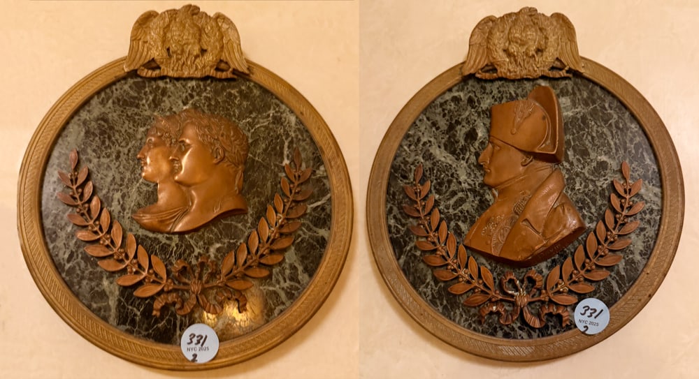 LOT OF 2 NAPOLEONIC TONDOS: LOT OF 2 NAPOLEONIC TONDOS, 9 1/2" diameter - framed and mounted brass and green marble