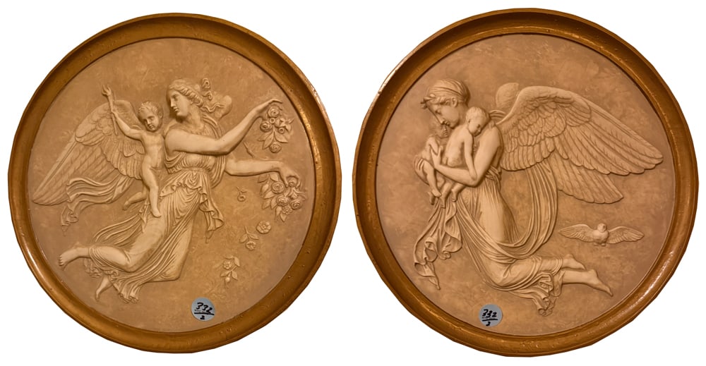 LOT OF 2 TONDOS OF FORTUNA RELIEFS PLASTER AND PAINTED: LOT OF 2 TONDOS OF FORTUNA RELIEFS PLASTER AND PAINTED, 14" diameter - framed and mounted